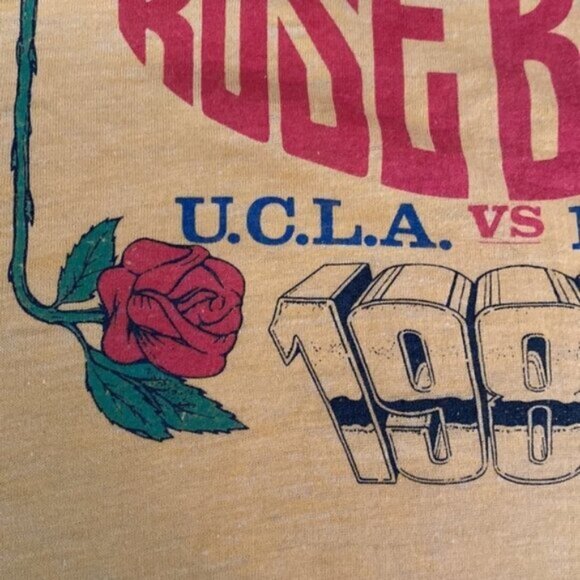 VINTAGE 1983 Rose Bowl T Shirt Womens Medium UCLA vs MICHIGAN CFB Yellow Raw Hem - Picture 4 of 7